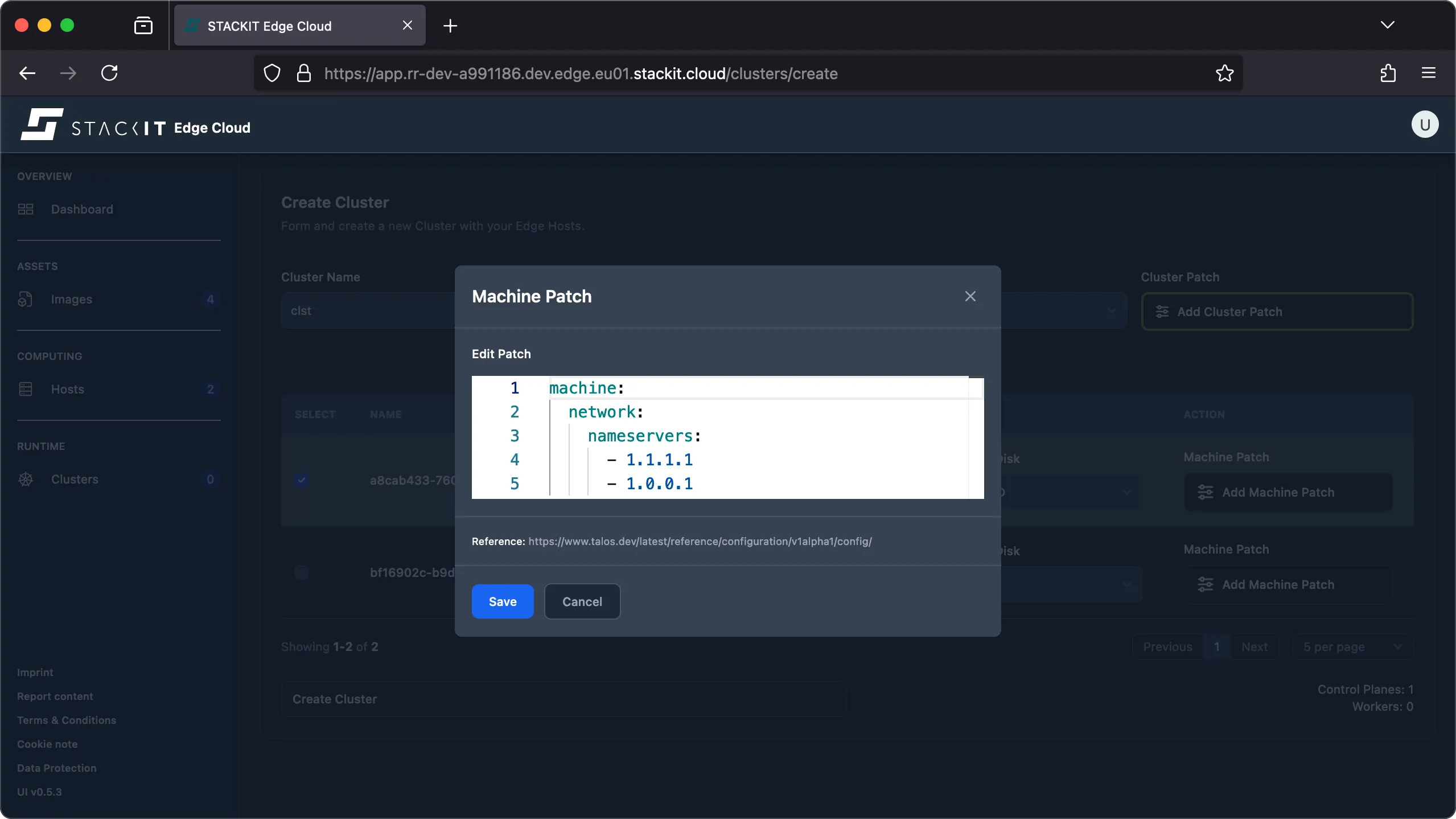 A screenshot of the STACKIT Edge Cloud "Create Cluster" page with the "Machine Patch" modal window open.