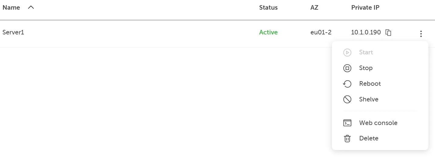 Serverliste mit Server1 (Status: Active) und geöffnetem Kontextmenü mit Verwaltungsaktionen.