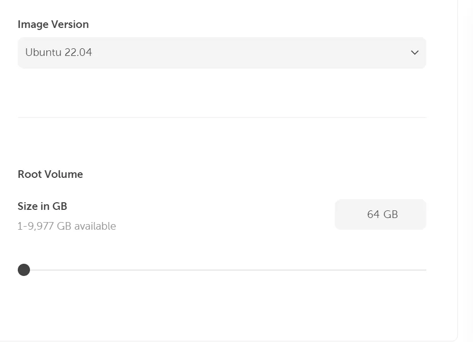 Abschnitt „Festplattenkonfiguration" mit Dropdown für die Image-Version und Root-Volume-Größe.