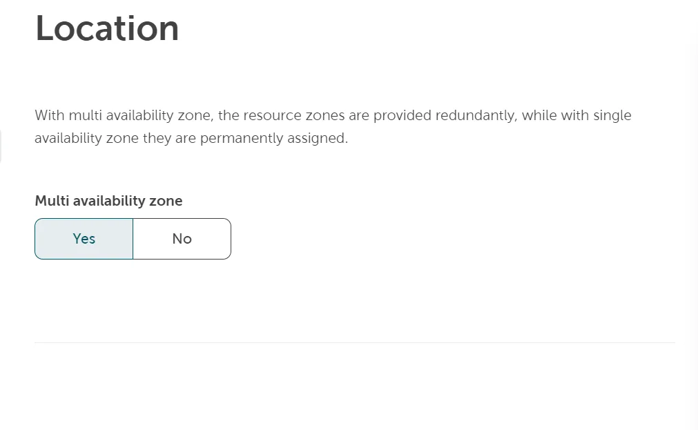 Abschnitt „Standort" mit der Option „Multi-Availability-Zone" und Schaltern „Ja" und „Nein".