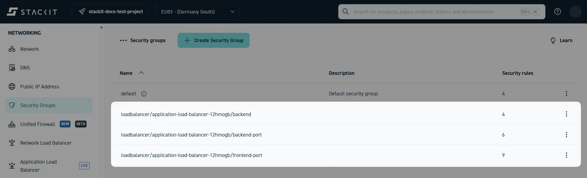 Several security groups associated with the ALB, as seen under the Security Groups view of the Portal.