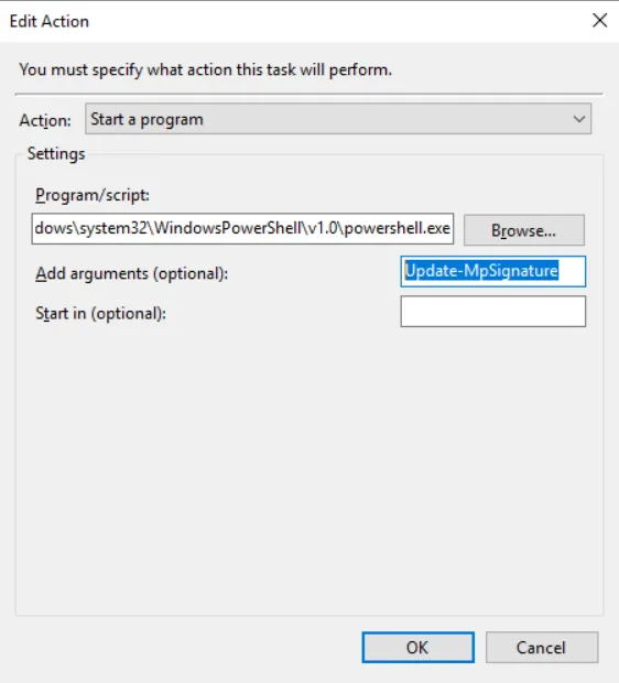 Dialog „Aktion bearbeiten": Starten einer PowerShell mit Argument Update-MpSignature.