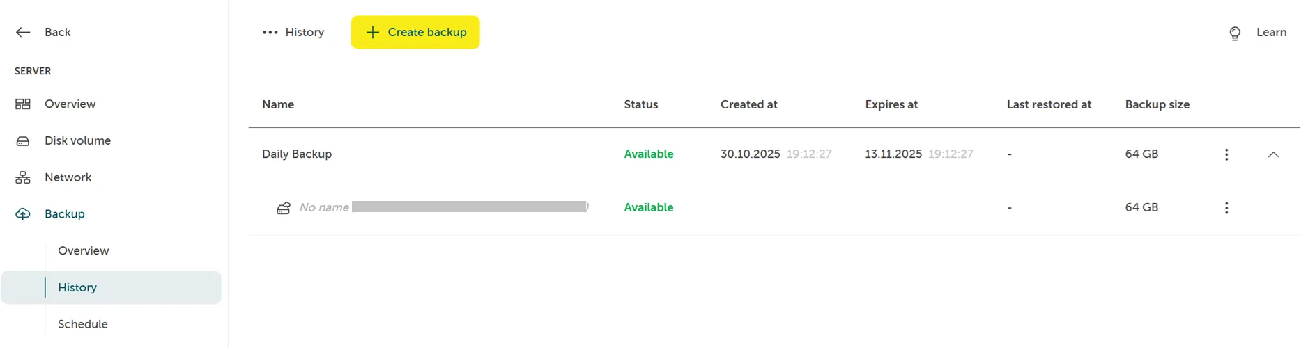 Screenshot, der den Backup Verlauf zeigt.