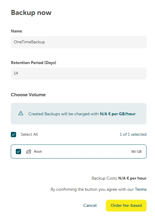 Screenshot: Bestätigung der kostenpflichtigen Bestellung des Backup-Dienstes.