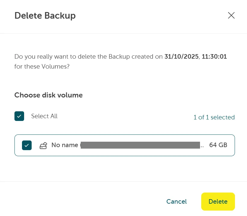 Screenshot: Auswahl des Volumes und Klick auf „Löschen".