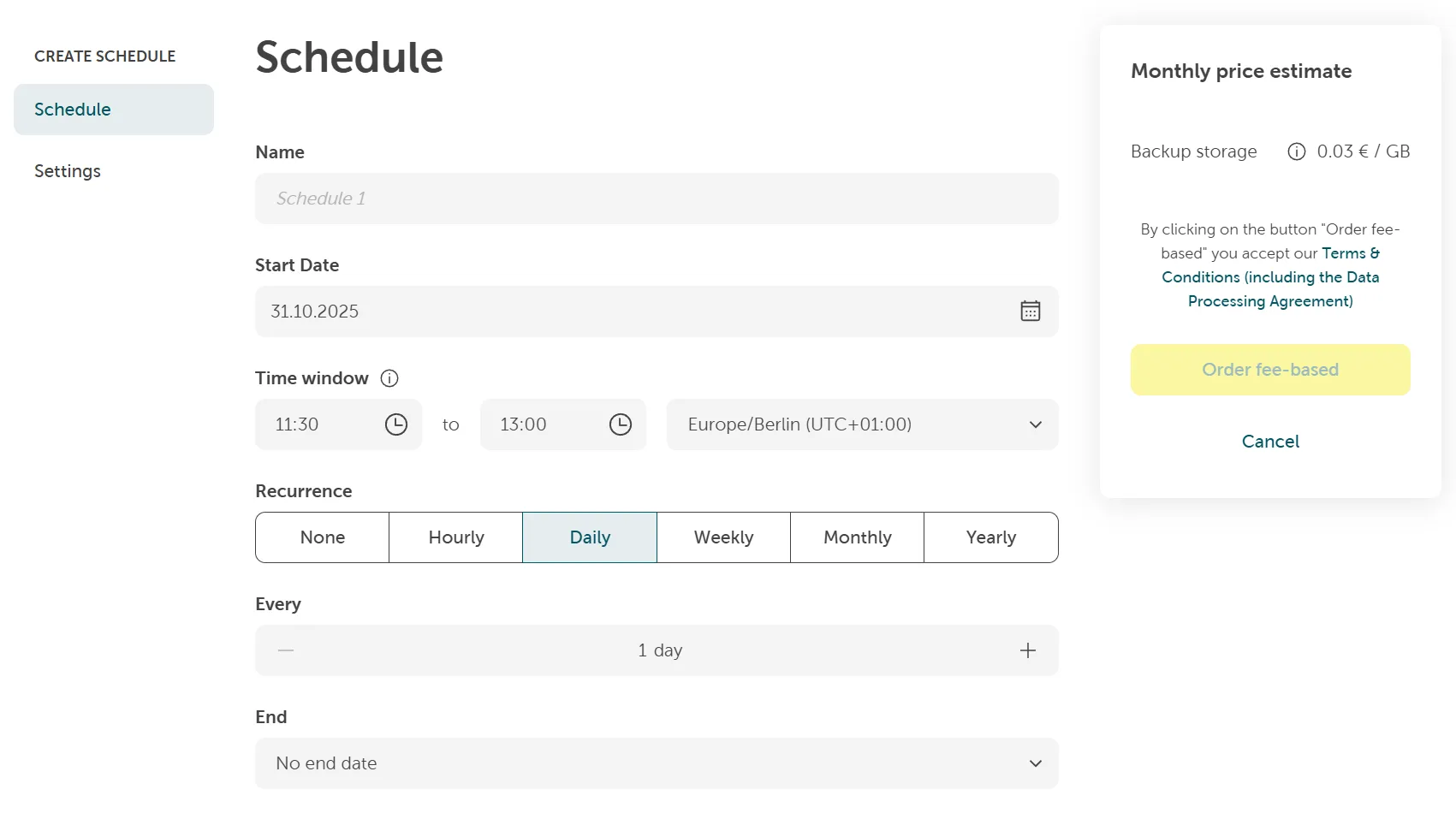 Screenshot: Seite „Zeitplan erstellen" mit konfigurierbaren Optionen.