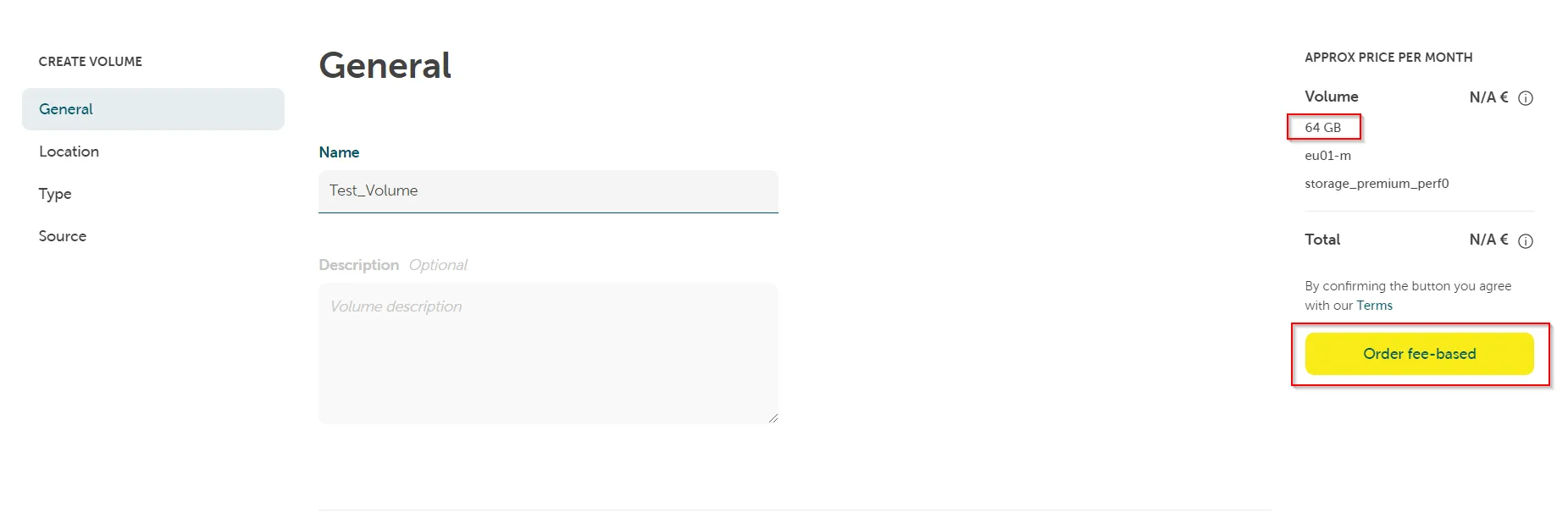Ein Screenshot, der die Volume-Erstellung und -Bestätigung zeigt.