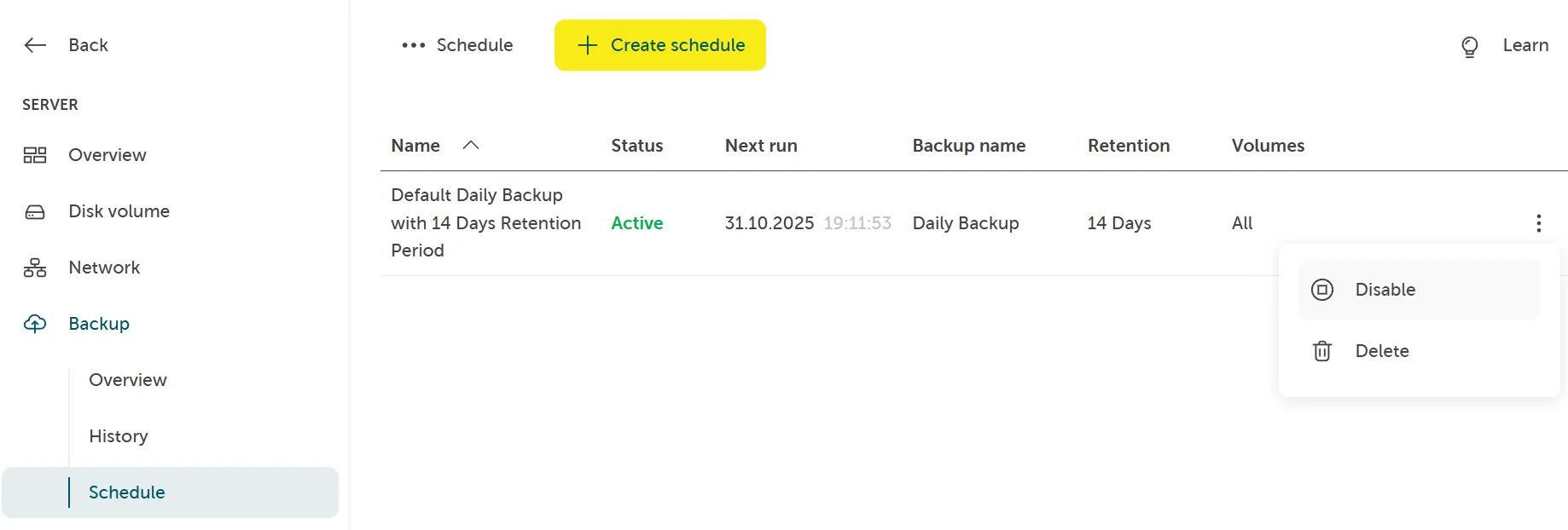 Screenshot: Kontextmenü eines Zeitplans mit Auswahl „Deaktivieren".