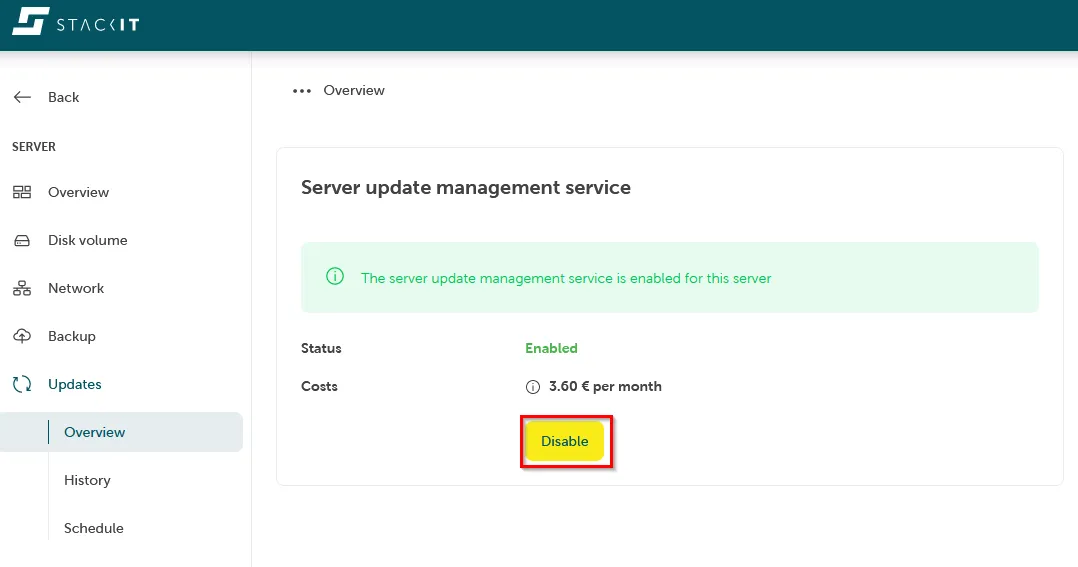 Screenshot: Navigation zu Server > Updates > Übersicht und Klick auf „Deaktivieren".