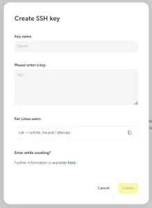 Dialogfenster „Create SSH key" mit Eingabefeldern für Schlüsselname und Schlüsselinhalt.