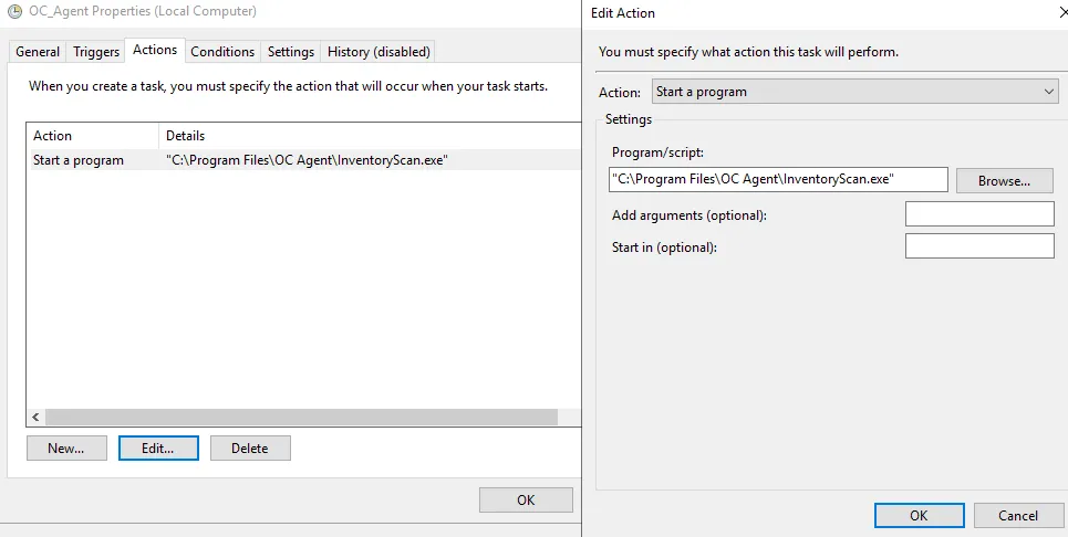 Dialog "Aktion bearbeiten" der Aufgabenplanung, der die Aktion zum "Programm starten" unter Verwendung des Pfads InventoryScan.exe bestätigt.