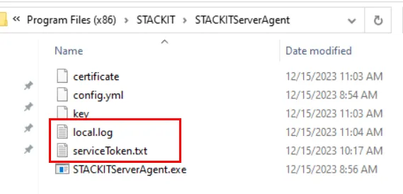 Windows-Explorer: STACKITServerAgent-Verzeichnis mit local.log und serviceToken.txt.
