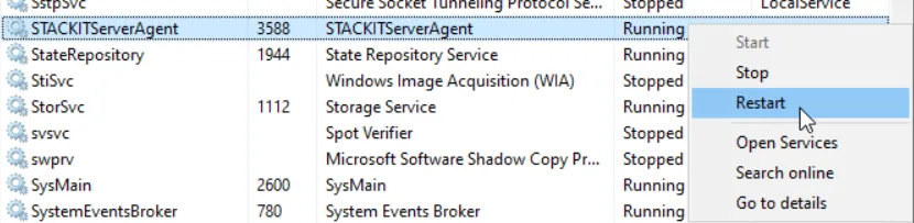 Windows-Dienstmenü für STACKITServerAgent mit hervorgehobener Option „Neu starten".