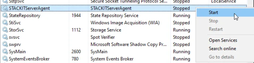 Windows-Dienstmenü für STACKITServerAgent mit hervorgehobener Option „Starten".