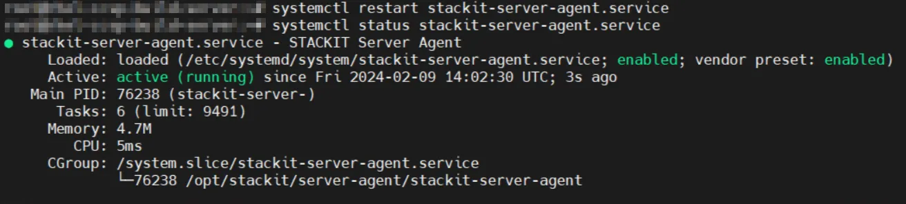 Linux-Terminal: Erfolgreicher Neustart des stackit-server-agent.service als „active (running)".