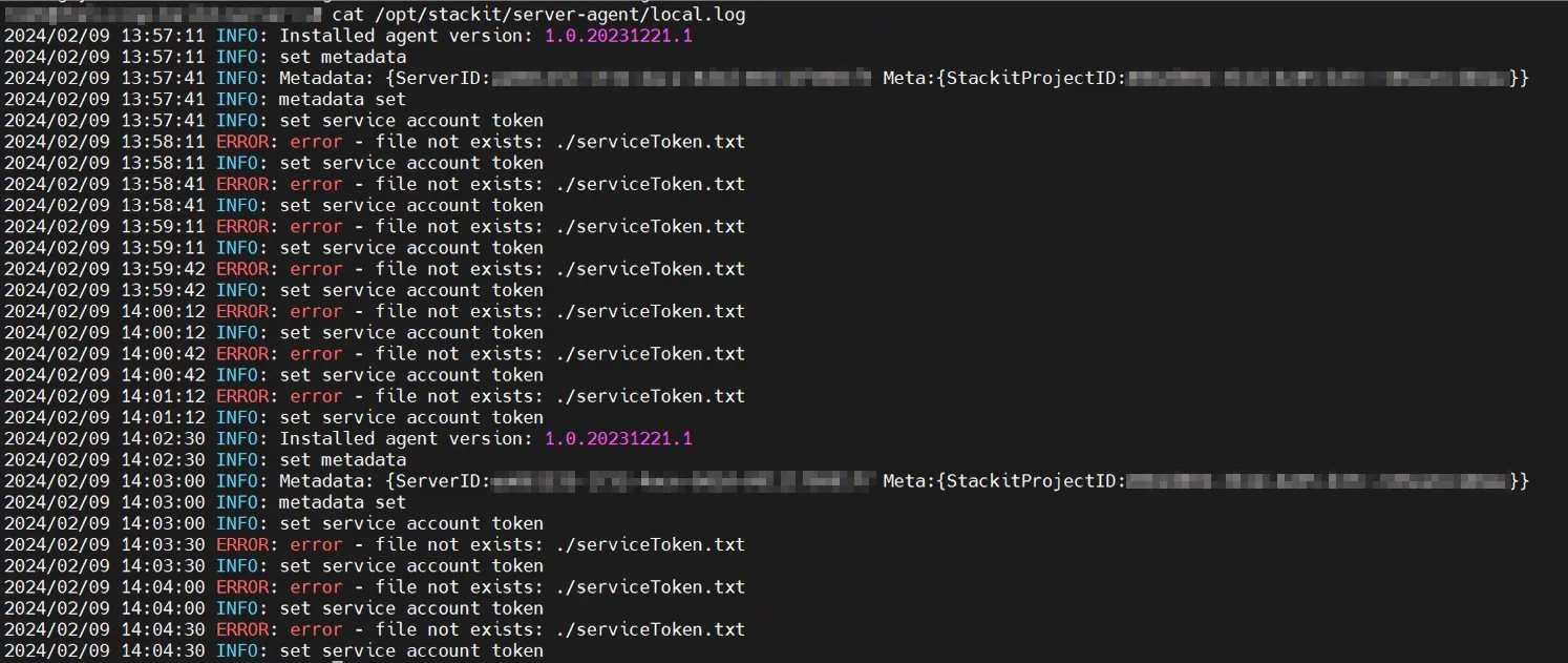 Linux-Terminal: STACKIT Server Agent-Log mit Fehler „file not exists: ./serviceToken.txt".