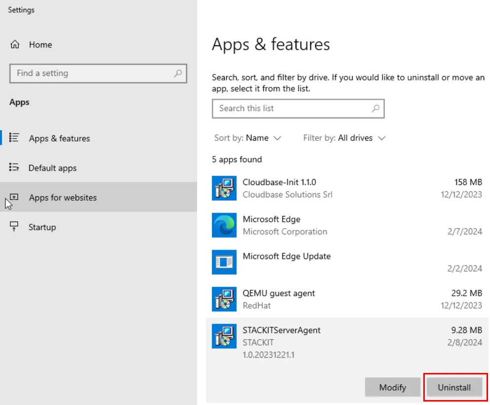Windows-Einstellungen „Apps & Features" mit STACKITServerAgent und Schaltfläche „Deinstallieren".