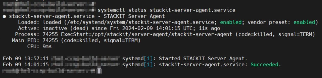 Linux-Terminal: Status des stackit-server-agent.service als „inactive (dead)".