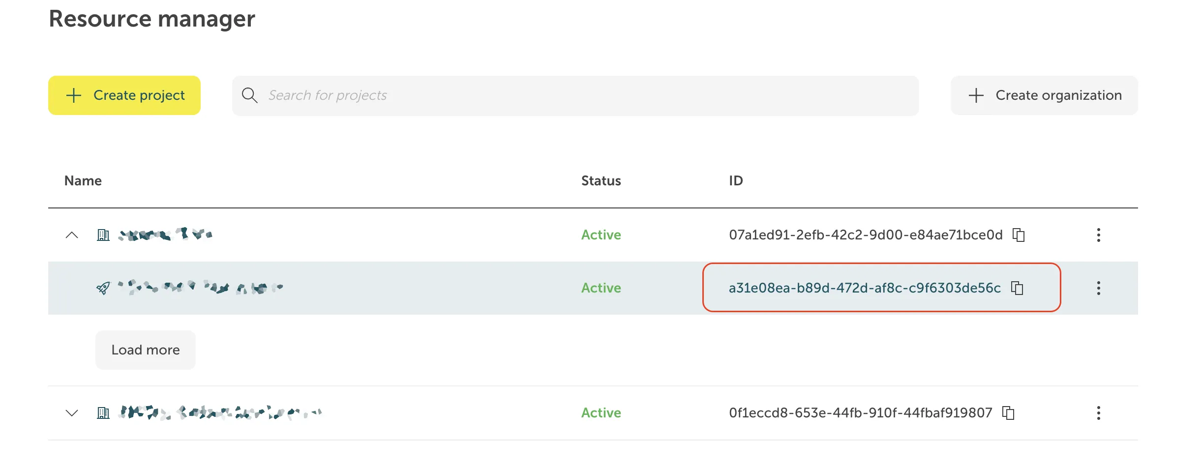 Screenshot of a cloud platform's Resource manager page, showing a list of existing projects and options to create new ones. At the top left, there's a yellow button labeled "+ Create project" and a search bar for projects. On the right is a button to "+ Create organization". Below this, a table displays the user's projects with three columns: Name (partially obscured), Status (Active in green for all visible entries), and ID. One project ID, a31e08ea-b89d-472d-af8c-c9f6303de56c, is highlighted with a red box, indicating it is the focus of the current task or documentation step. The ID has a copy icon next to it, and a three-dot More actions menu is on the far right of the row. A "Load more" button is visible between the second and third listed projects.