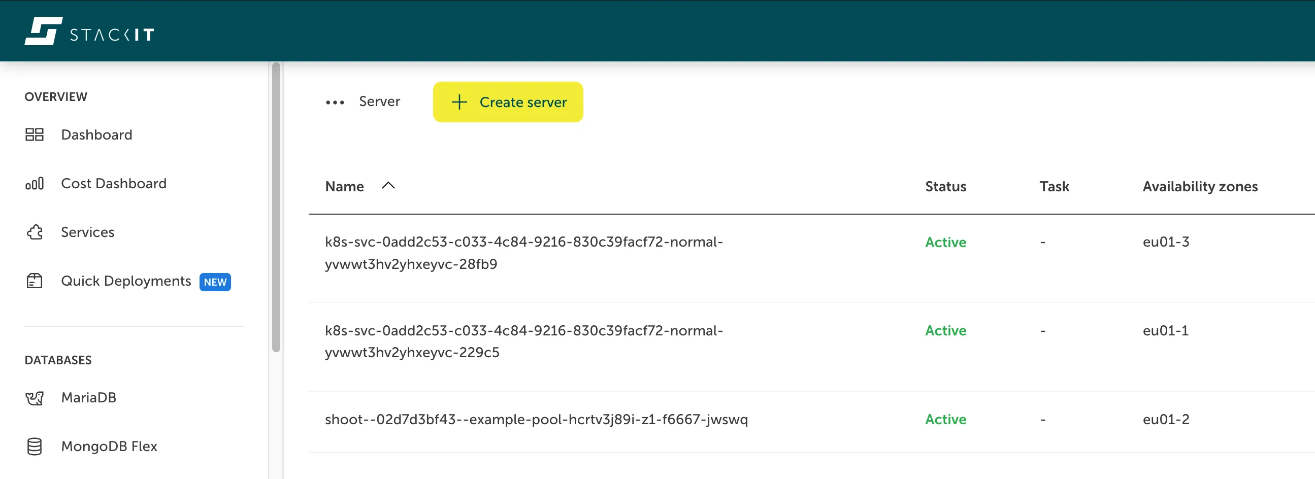A screenshot of the STACKIT Cloud Portal user interface, showing the Server view with three servers, two of which act as Kubernetes network load balancers.