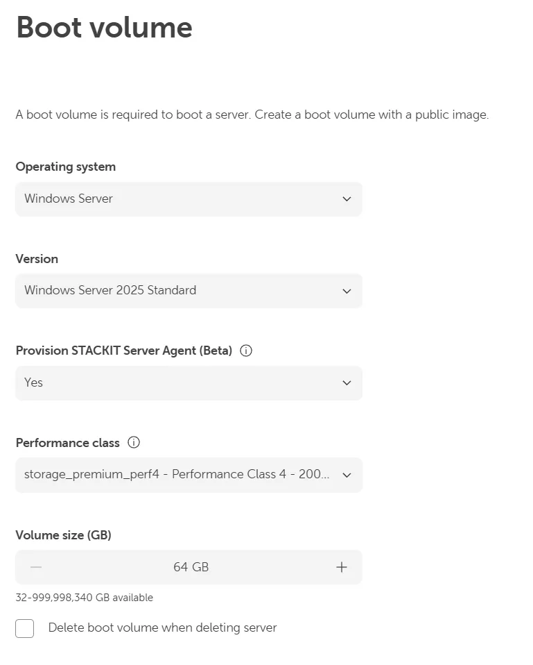 Boot-Volume-Konfiguration mit Windows Server 2025 Standard, Leistungsklasse und Volume-Größe.