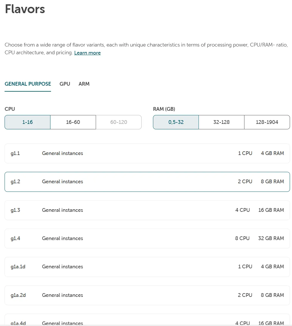Server-Flavor-Auswahl mit „General purpose"-Optionen und ausgewähltem Flavor „g1.2".
