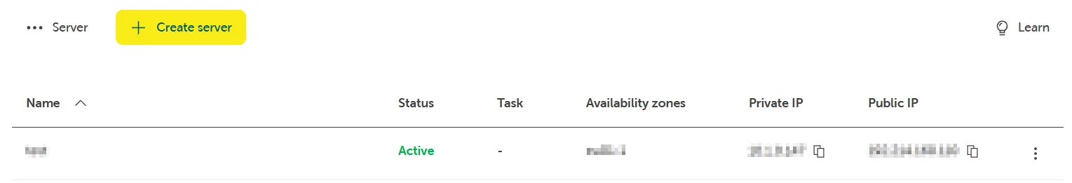 Server-Listenansicht, welche die Schaltfläche „Server erstellen" hervorhebt.