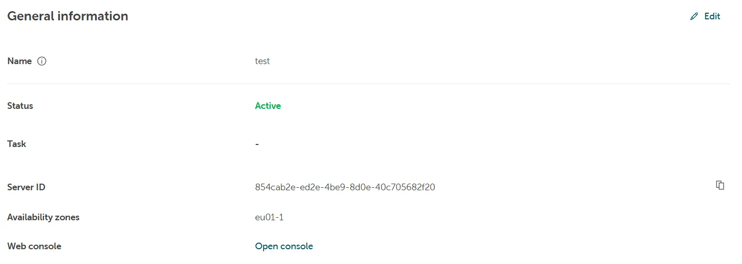 Abschnitt „Allgemeine Informationen" mit Name, Status, Server-ID und Verfügbarkeitszonen.