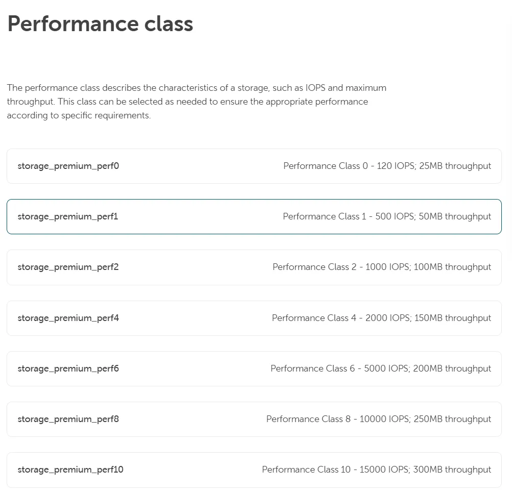 Liste der Speicher-Leistungsklassen mit Details zu IOPS und Durchsatz, wobei „storage_premium_perf1" ausgewählt ist.