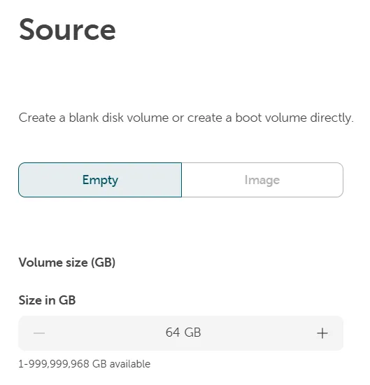 Quellen-Auswahl für ein Daten-Volume mit „Leer" und einer Volume-Größe von 64 GB.