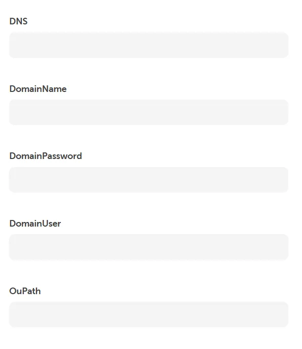 Eingabefelder des Befehlsformulars für Domain-Join-Parameter: DNS, DomainName, DomainPassword, DomainUser und OU-Path.