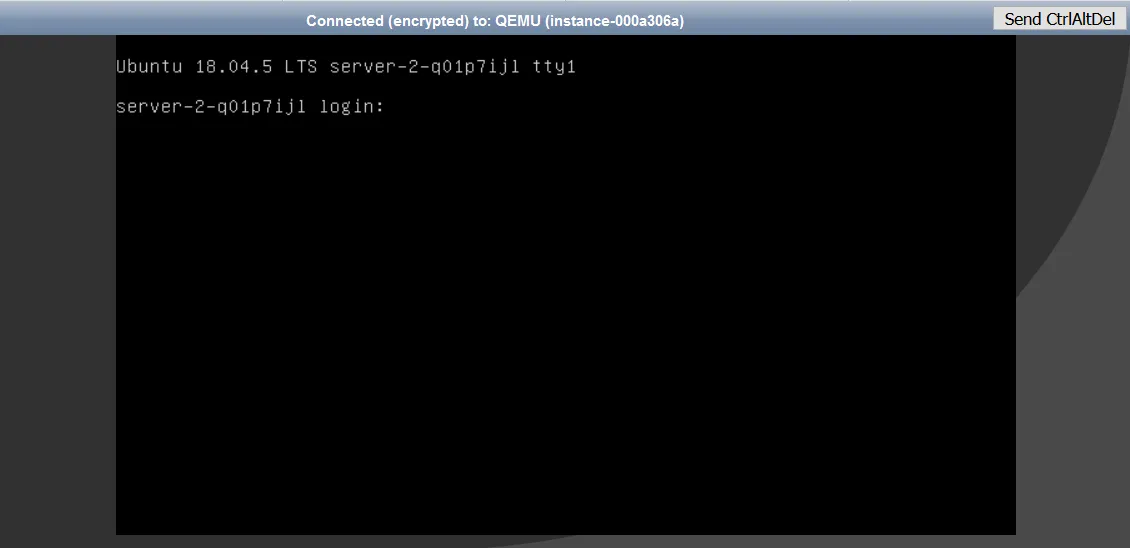 Textbasiertes Terminalfenster einer Web-Konsolensitzung mit Anmeldeaufforderung für Ubuntu 18.04.5 LTS.