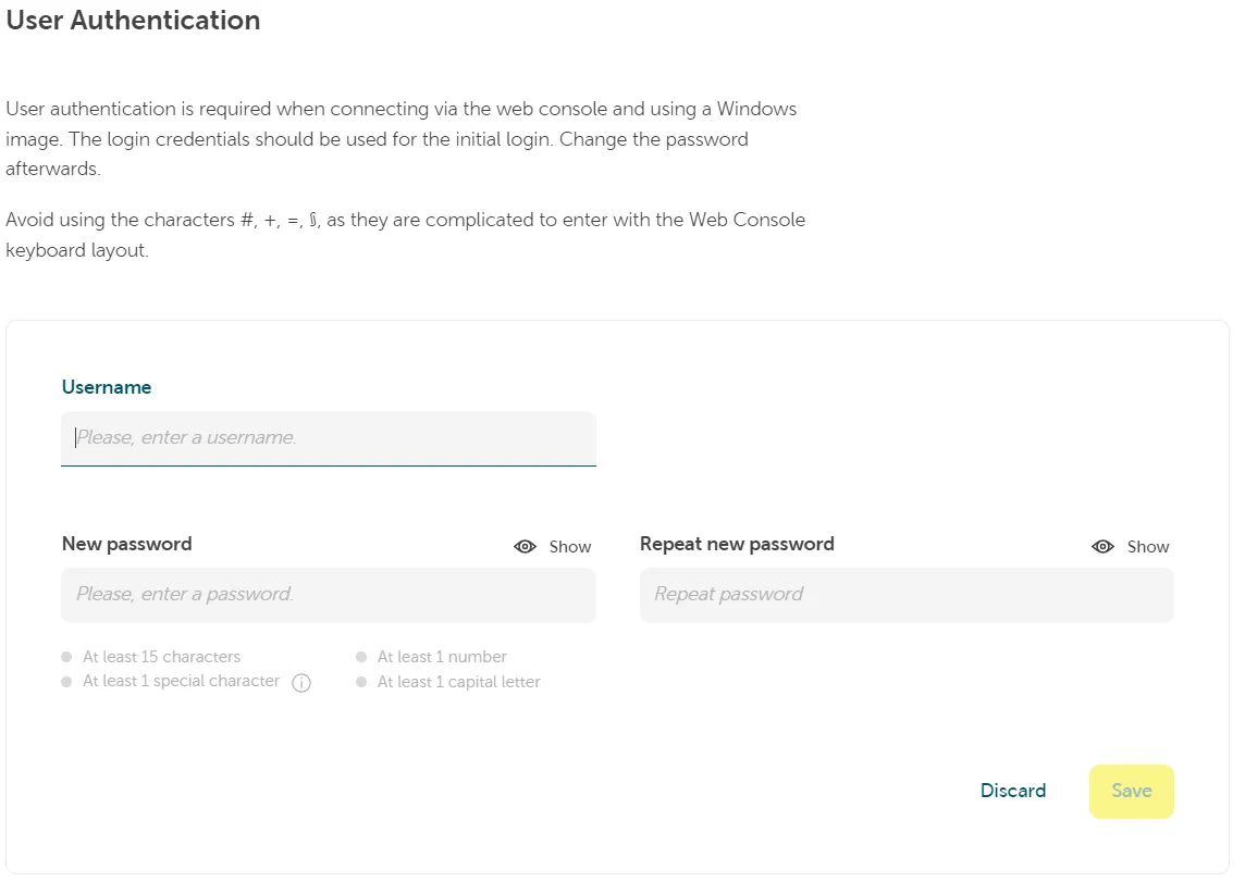 Web-Konsole: Benutzerauthentifizierungsformular mit Benutzernamen- und Passwort-Eingabe.