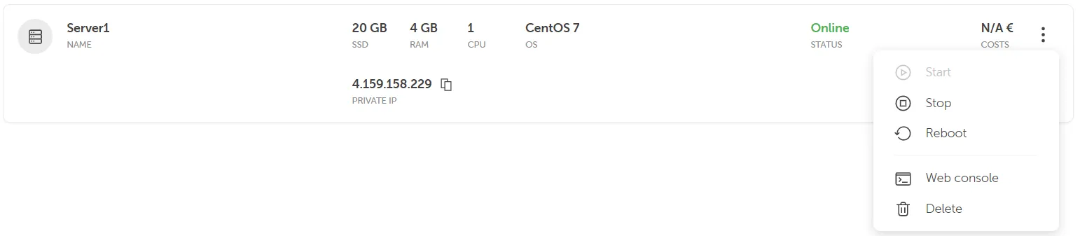 Cloud-Server-Verwaltungsoberfläche mit Serverdetails für „Server1" und geöffnetem Kontextmenü.