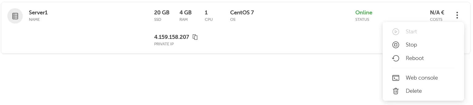 Kachelansicht von Server1 mit geöffnetem Kontextmenü und Serveraktionen.