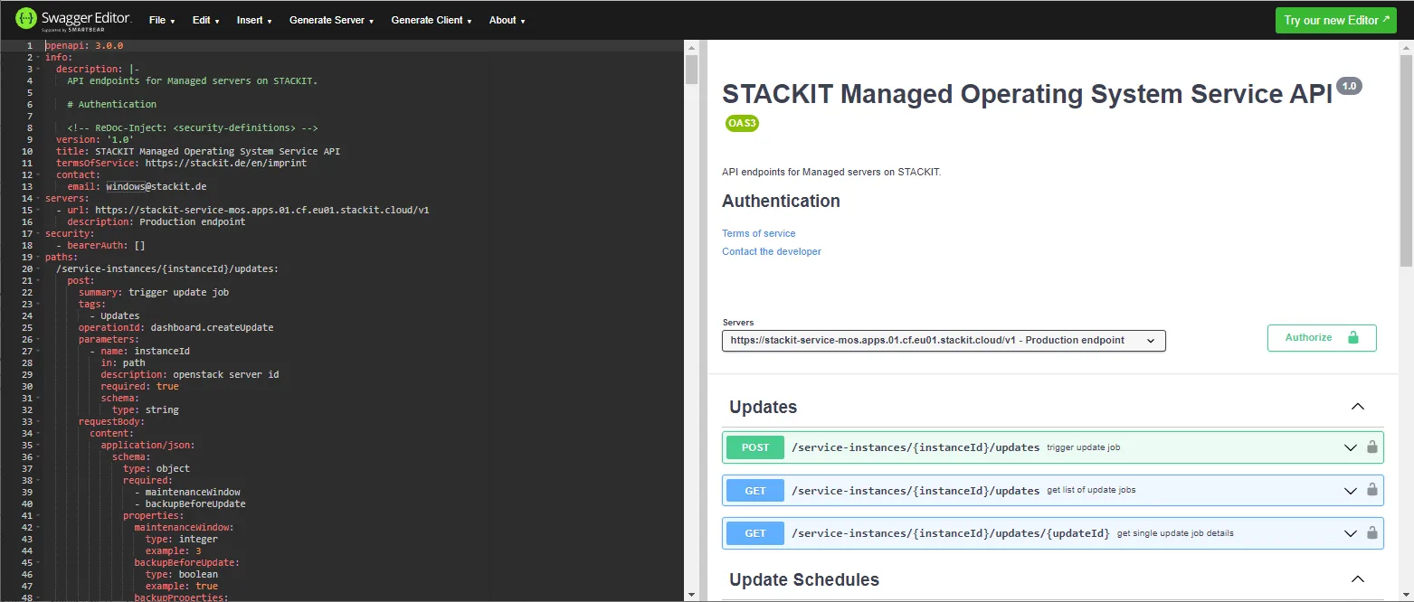 Swagger-Editor mit der OpenAPI-Spezifikation der STACKIT Managed Operating System Service API.