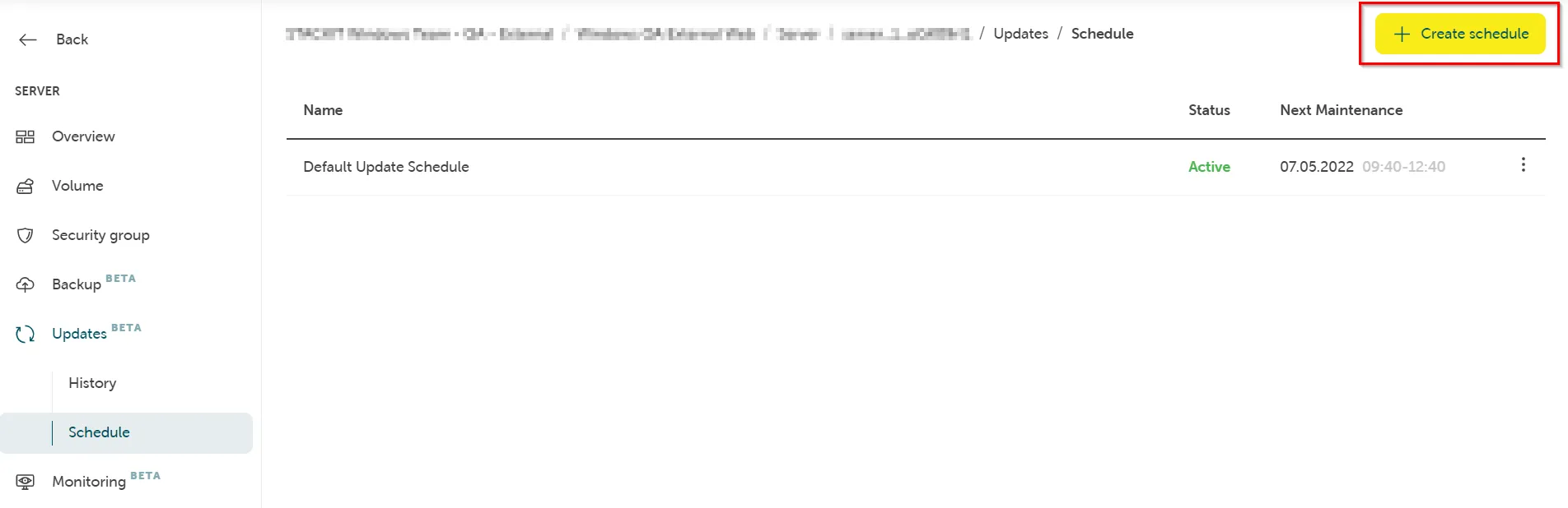 Server-Übersicht Updates/Zeitplan mit dem Standard-Update-Zeitplan und der Schaltfläche „Zeitplan erstellen".