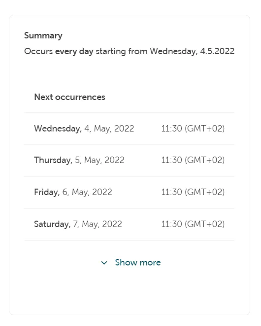 Zusammenfassung des Zeitplans mit nächsten geplanten Terminen.