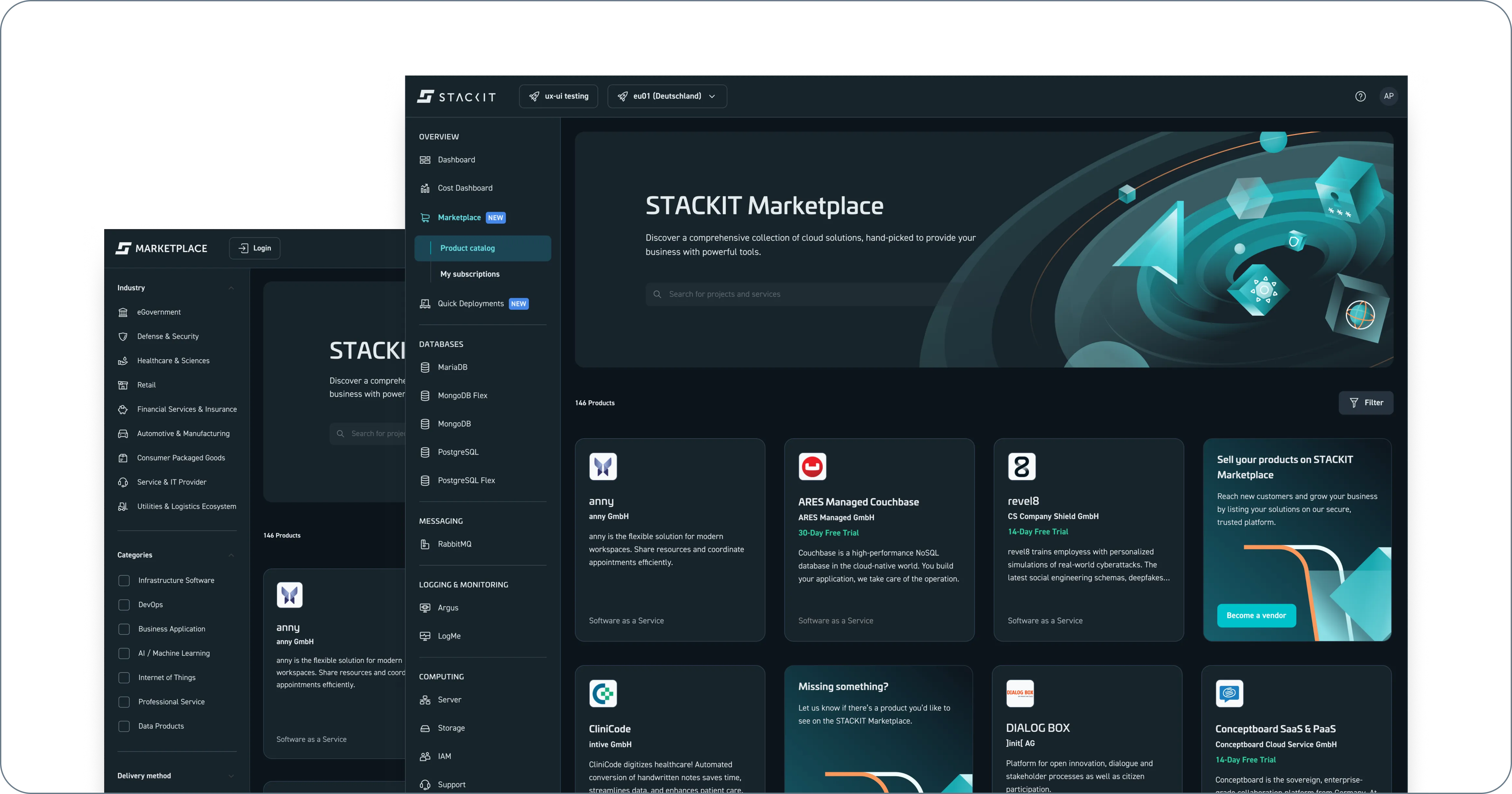 Beide Zugangswege bieten das gleiche Produktportfolio. Allerdings können Sie Produkte erst nach erfolgreicher Anmeldung über das STACKIT Portal kaufen.