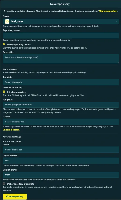 Screenshot des Konfigurationsformulars „New repository“ in STACKIT Git. Die Benutzeroberfläche zeigt verschiedene Optionen wie Owner, Repository name, Visibility, Description sowie Initialisierungsoptionen für .gitignore, License und README, abgeschlossen mit einer gelben „Create repository“-Schaltfläche am unteren Rand.