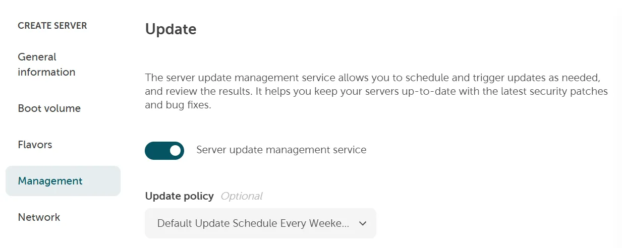 Screenshot: Serverbestellung mit aktiviertem Server Update Management Service und Auswahl einer Update-Richtlinie.