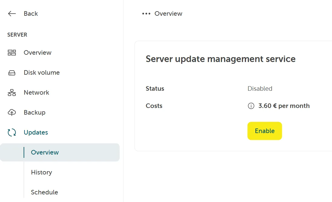 Screenshot: Navigation zu Server > Updates > Übersicht und Klick auf „Aktivieren".