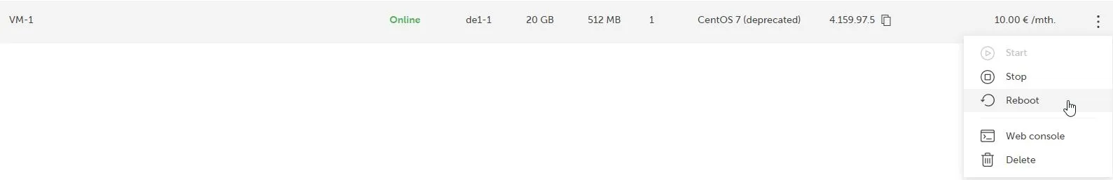VM-Verwaltungsoberfläche mit geöffnetem Dropdown-Menü und hervorgehobener Aktion „Neustart".