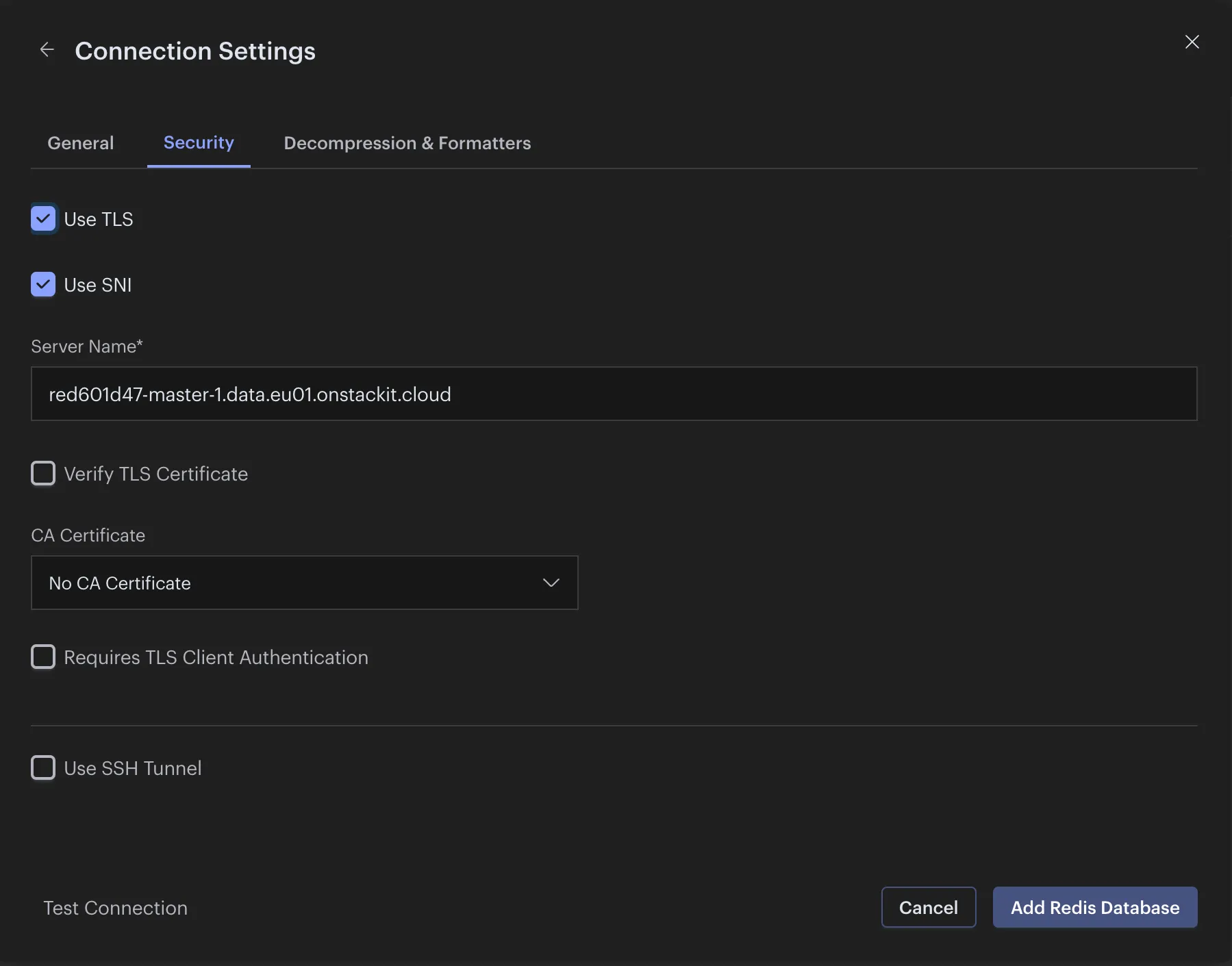 Redis Insight SNI Checkbox ausgewählt