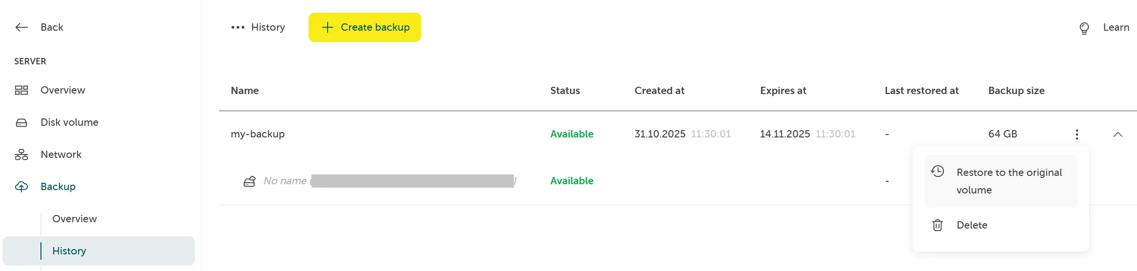 Screenshot: Backup-Verlauf mit Klick auf ein Backup zur Wiederherstellung.