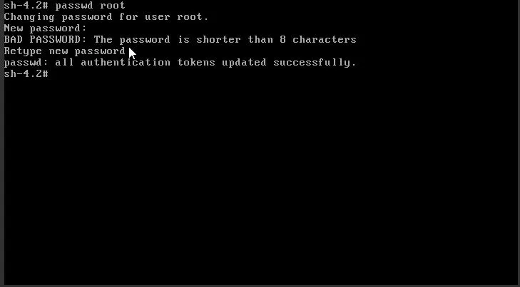 Terminal-Sitzung mit dem Passwortänderungsprozess für den Root-Benutzer.