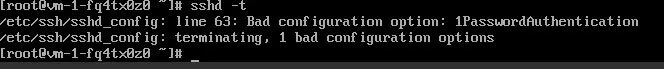Terminal mit Fehler bei der SSH-Daemon-Konfigurationsprüfung.