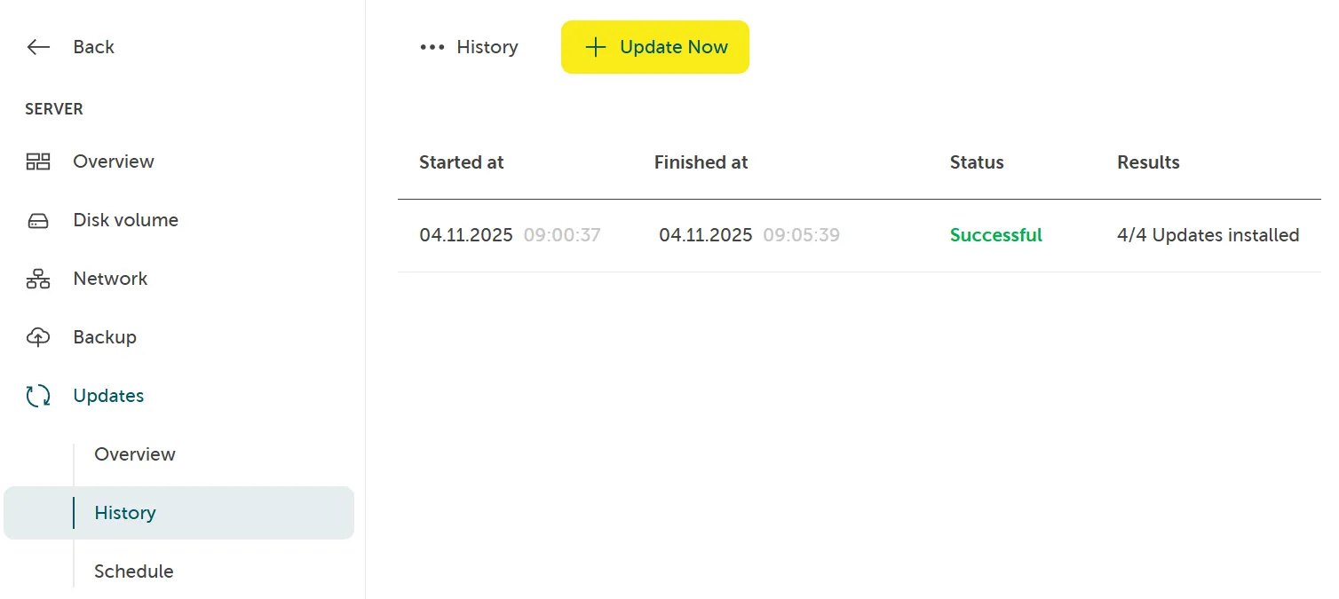 Ein Screenshot, der die Navigation zu Server, dann Updates, dann Verlauf zeigt