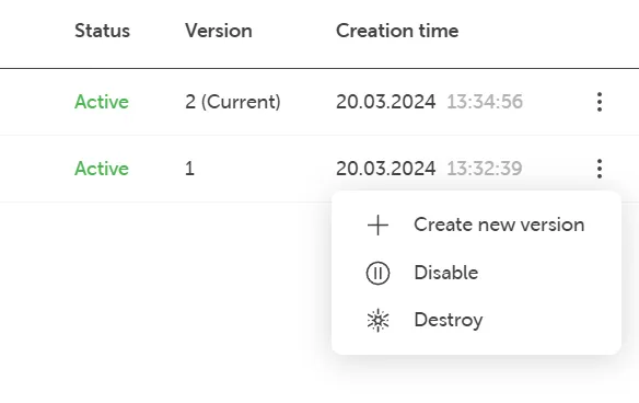 Ein Screenshot, der die Einträge im Kontextmenü der Version zeigt