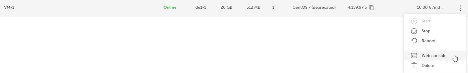VM-Verwaltungsoberfläche mit geöffnetem Dropdown-Menü und hervorgehobener Aktion „Web-Konsole".